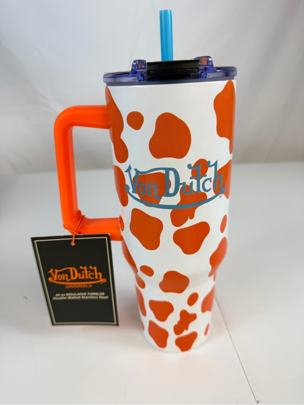 Von Dutch Orange Cowprint 40oz insulated Travel Tumbler NWT Y2K